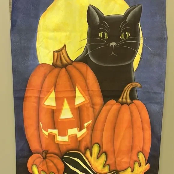 Halloween Night Large Flag with Cat, Jack O’ Lantern, Pumpkin, Leaves and Gourds - Picture 2 of 12